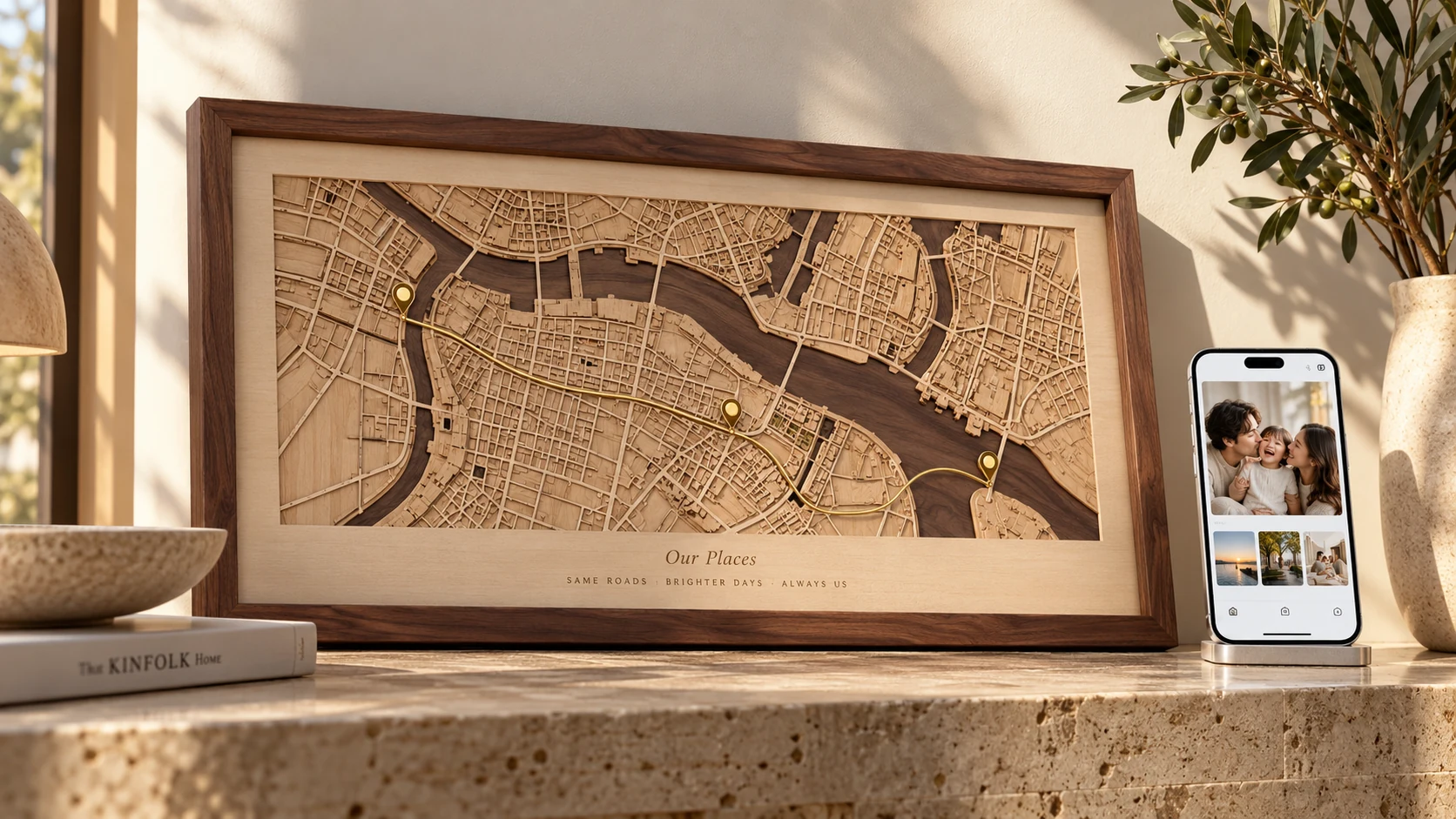 Sunlit layered wooden city map in a walnut frame beside a silver iPhone displaying family photographs