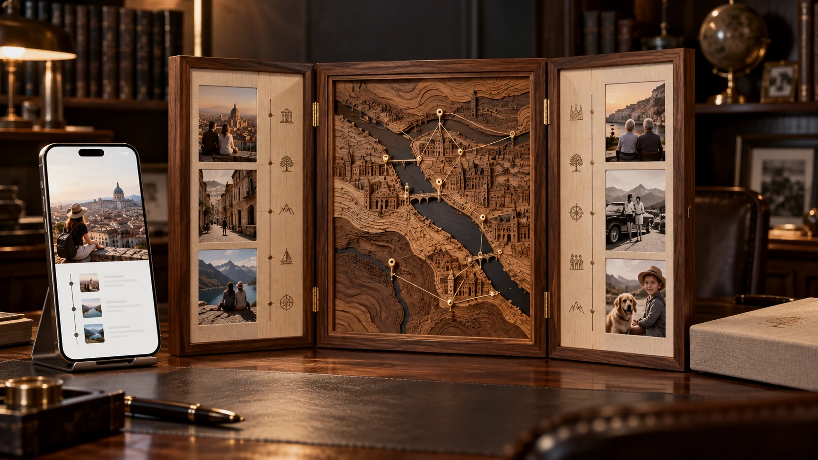 Three-panel wooden keepsake with relief map and inset photos beside an iPhone memory page in a warm study