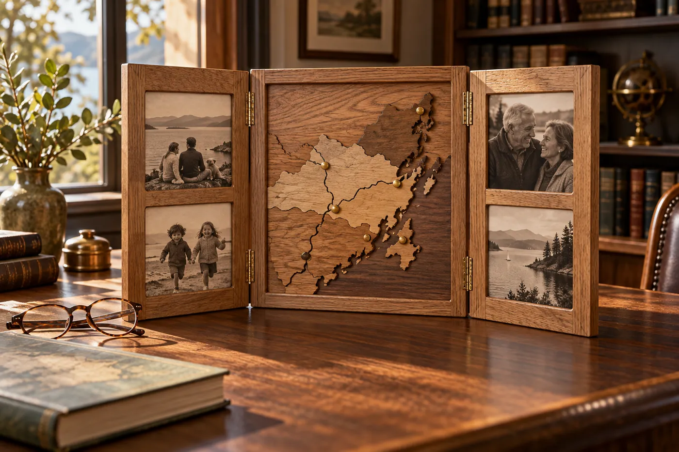 Folding wooden map and photo keepsake resting on a desk