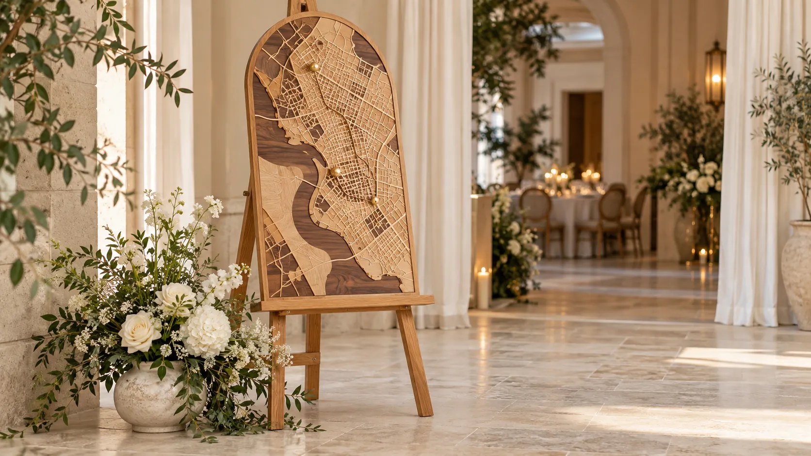 Arched wedding welcome map supported by a wooden easel
