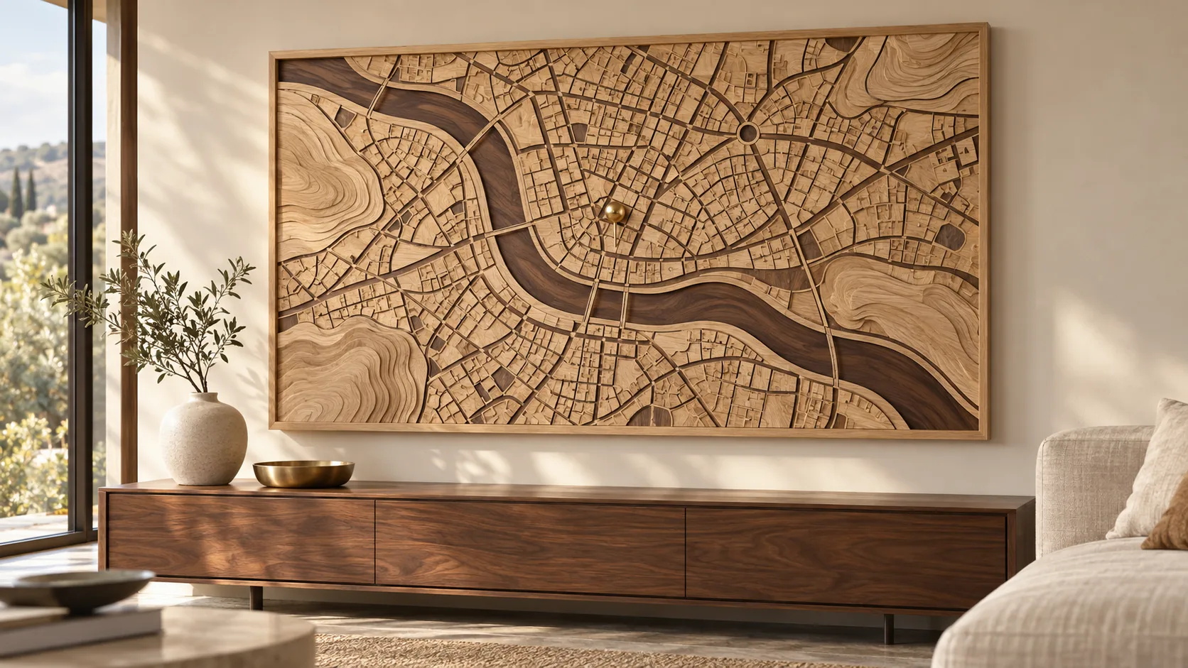 Living Room · Family Story: the same room with a wooden map